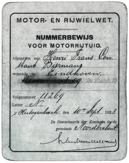 Nummerbewijs uitgegeven in 1923.