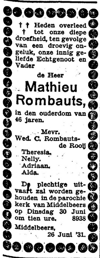 Rouwadvertentie voor M. Rombauts (Collectie K. van Poppel)