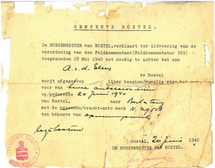 Afgifte van brandstof, 1940 (archief fam. Van den Elzen)