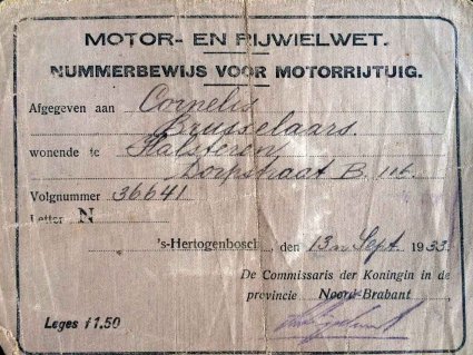 Nummerbewijs van Cornelis Brusselaars (Collectie G. Brusselaars)