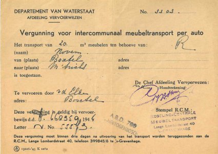 Vergunning voor meubeltransport (coll. fam. v.d. Elzen)