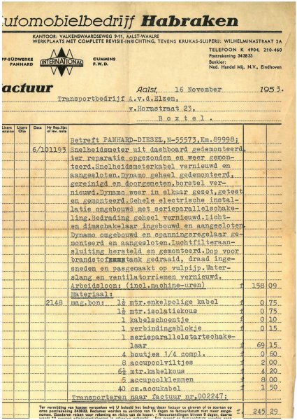 Factuur voor de reparatie van de Panhard (coll. fam. v.d. Elzen)
