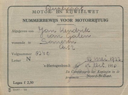 Duplicaat van het nummerbewijs, 1950 (collectie RHCe)