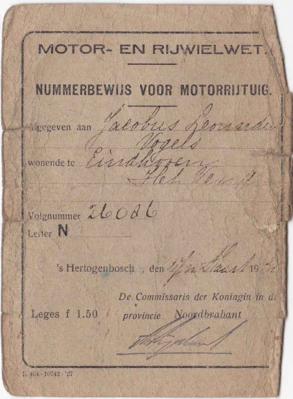 Nummerbewijs (collectie C. Vogels)