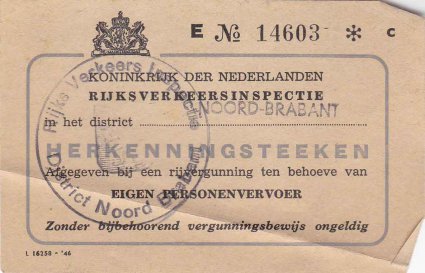 Herkenningsteken van de rijvergunning (collectie C. Vogels)