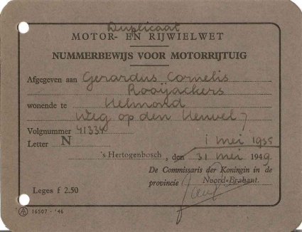 Duplicaat nummerbewijs, 1949 (collectie N. Dankers)