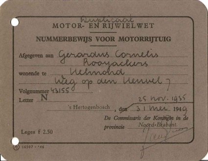 Duplicaat nummerbewijs, 1949 (collectie N. Dankers)