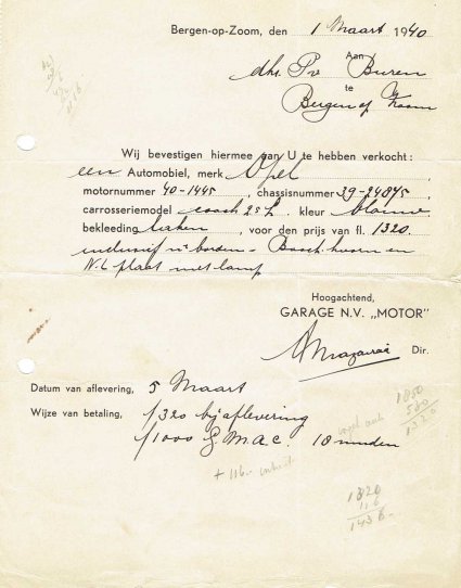 Aankoopnota van de Opel, 5 maart 1940 (collectie P. van Buren)