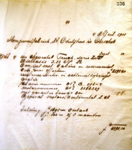 Factuur voor een Chevrolet  (archief A. van Zelst)