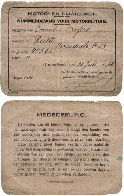 N-45302 Nummerbewijs C. Bogers (part. collectie)