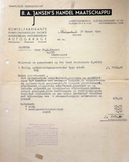 Factuur voor gasgenerator, 1944 (archief P. Pietjouw)