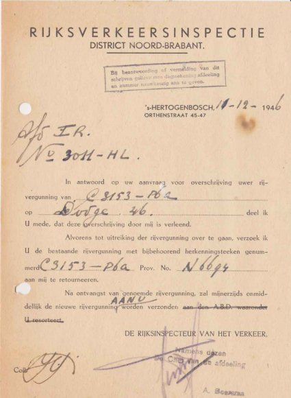 N-6694 Vergunning tot overschrijving rijvergunning, 1946