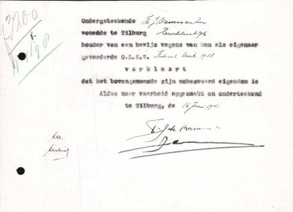 Verklaring van eigendom (bron: Regionaal Archief Tilburg, Archief gemeentebestuur Tilburg 1938-1985, inv. nr. 5631, scan 217)
