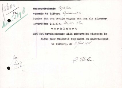 Verklaring van eigendom (bron: Regionaal Archief Tilburg, Archief gemeentebestuur Tilburg 1938-1985, inv. nr. 5631, scan 218)