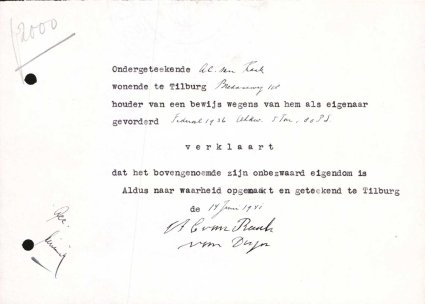 Verklaring van eigendom (bron: Regionaal Archief Tilburg, Archief gemeentebestuur Tilburg 1938-1985, inv. nr. 5631, scan 224)