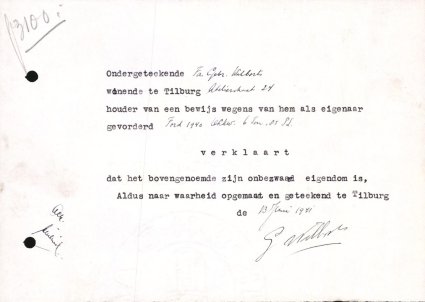 Verklaring van eigendom (bron: Regionaal Archief Tilburg, Archief gemeentebestuur Tilburg 1938-1985, inv. nr. 5631, scan 225)