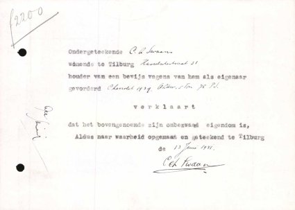 Verklaring van eigendom (bron: Regionaal Archief Tilburg, Archief gemeentebestuur Tilburg 1938-1985, inv. nr. 5631, scan 226)