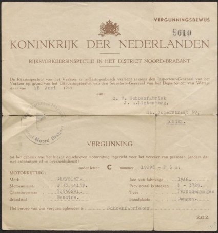 N-3729 vergunningsbewijs 1940 (foto: collectie H. Ansems)