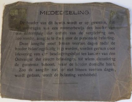 Achterzijde van kentekenbewijs N-51506 (collectie fam. Uitdewilligen)