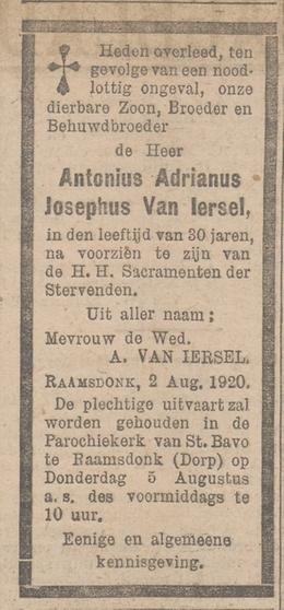 Rouwadvertentie (bron: Dagblad van Noord-Brabant, 3 augustus 1920)