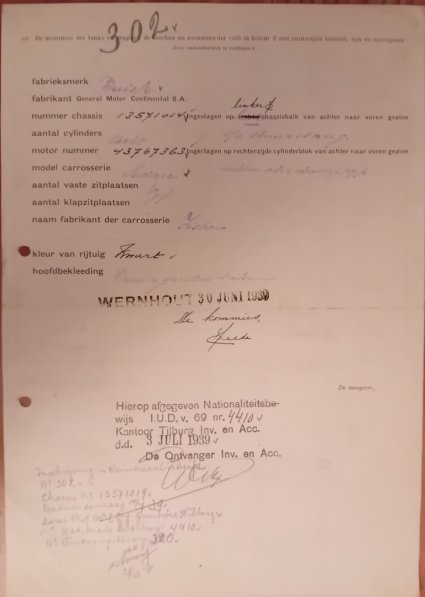 Importdocument van de Buick, 1939 (collectie Hans Beex)