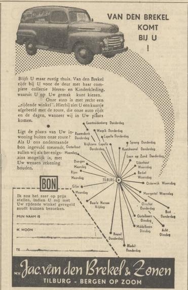 Advertentie van Van den Brekel in de Nieuwe Tilbugse Courant, 1 april 1952