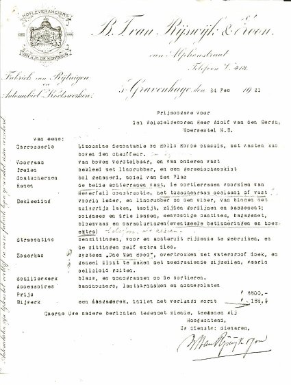 Prijsaanbieding van de carrosseriebouwer voor de Rolls Royce, 1921 (coll. Frans Kense via Conam.info)