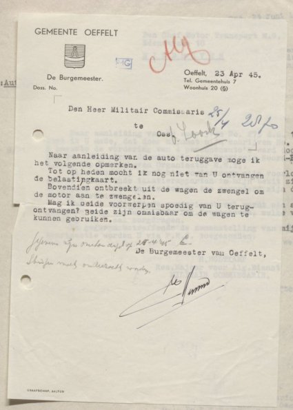 Brief v.d. burgemeester van Oeffelt (Bron: BHIC, Archief Militair Gezag, inv. nr. 519 scan 518)