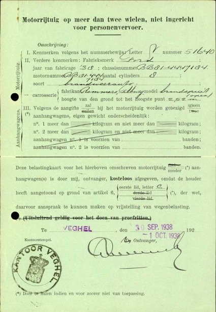 Belastingkaart Ford motorbrandspuit (BHIC, toegang 7631 inv. nr. 514, scan 51)