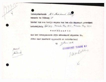 Verklaring van eigendom (Bron: Regionaal Archief Tilburg, toegang 484, Gemeentebestuur Tilburg 1938-1985, inv. nr. 5631, scan 212)