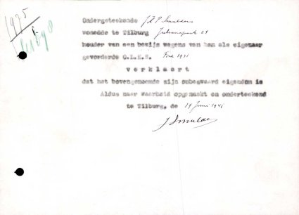Verklaring van eigendom (bron: Regionaal Archief Tilburg, Archief gemeentebestuur Tilburg 1938-1985, inv. nr. 5631, scan 248)