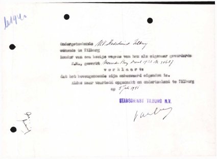 Verklaring van eigendom (Bron: Regionaal Archief Tilburg, toegang 484, Gemeentebestuur Tilburg 1938-1985, inv. nr. 5631, scan 256)