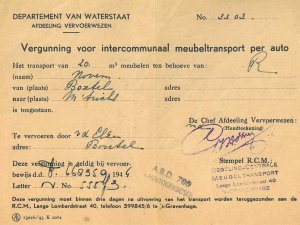 Vergunning voor meubeltransport (coll. fam. v.d. Elzen)