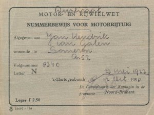 Duplicaat van het nummerbewijs, 1950 (collectie RHCe)