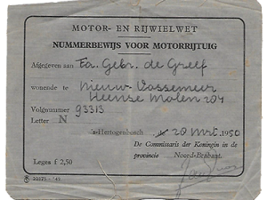 Het nummerbewijs van de Fa. De Greef uit Nieuw-Vossemeer (Collectie C.M. de Greef)