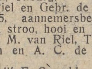 Bericht van de inschrijving van Van Riel en De Swart in het Handelsregister van de Kamer van Koophandel (bron: Nieuwe Tilburgsche Courant, 21 feb. 1942)