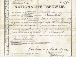 N-16553 Nationaliteitsbewijs Renault, 1928 (coll. C. Schijvens)