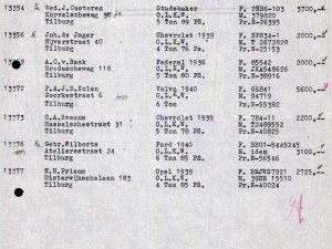 Lijst van gevorderde vrachtwagens (bron: Regionaal Archief Tilburg, Archief gemeentebestuur Tilburg 1938-1985, inv. nr. 5631, scan 215)