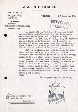 Opdracht aan dir. Publieke Werken (Bron: Regionaal Archief Tilburg, Archief gemeentebestuur Tilburg 1938-1985, inv. nr. 5633, scan 71)
