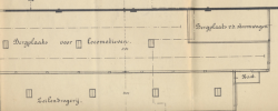 Detail van een 1916 gedateerde tekening van  het Handelsterrein te Rotterdam, betreffende een “Bergplaats v.d. stoomwagen”